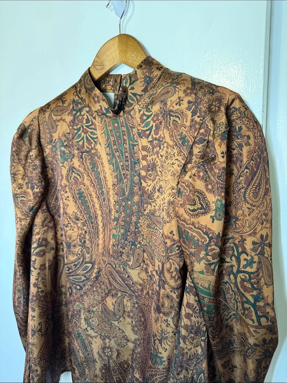 NWT H&M Puff Sleeve Blouse Paisley Brown Neutrals Maximalist Grandma Office S
